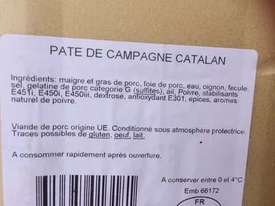 Lista de ingredientes del producto Pâté de campagne catalan Pédelhez 0,214 kg