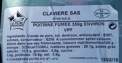 Lista de ingredientes del producto Poitrine fumée Caviere 