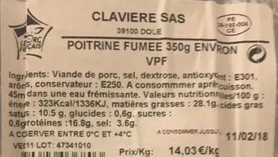 Lista de ingredientes del producto Poitrine fumée Clavière 