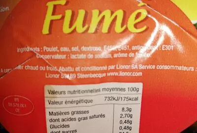 Lista de ingredientes del producto Poulet Fumé  