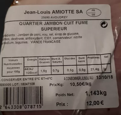 Lista de ingredientes del producto quartier jambon cuit fumé supérieur amiotte jean-louis 1,143 kg