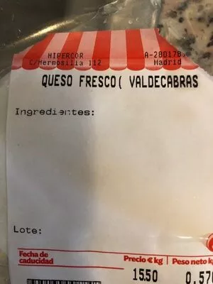 Lista de ingredientes del producto Queso fresco de cabra sin lactosa Valdecabras 