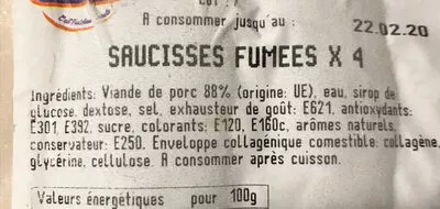 Lista de ingredientes del producto Saucisses fumées Copia 396g