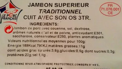 Lista de ingredientes del producto Jambon supérieur traditionnel Le Porc Français 