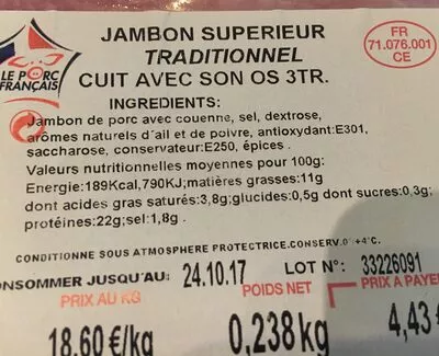 Lista de ingredientes del producto Jambon superieur traditionnel Le Porc Français 