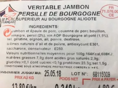 Lista de ingredientes del producto Jambon persillé de bourgogne  