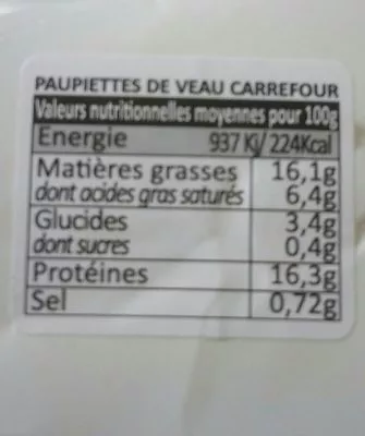 Lista de ingredientes del producto Paupiettes de veau Carrefour 