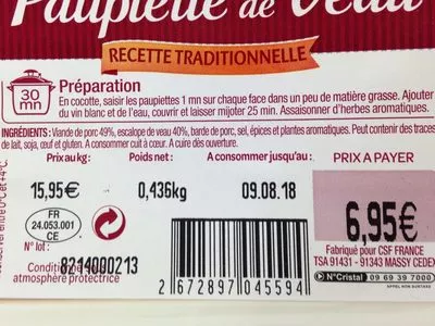 Lista de ingredientes del producto Paupiettes de veau Carrefour 