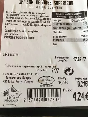 Lista de ingredientes del producto Jambon degouge superieur au sel de guerande Saveurs Des Mauges 