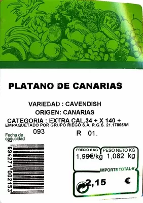 Lista de ingredientes del producto Plátano de Canarias Riego 1 Kg (aprox.)