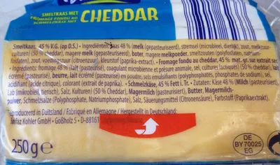 Lista de ingredientes del producto Fromage Fondu Au Cheddar (250g 10 Tranches) Valblanc 250 g