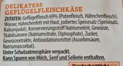 Lista de ingredientes del producto Delikatess Geflügel-Fleischkäse Mühlenhof 400g