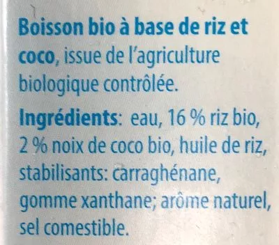 Lista de ingredientes del producto Boisson bio au riz Noix de coco Nature Active Bio 1 l