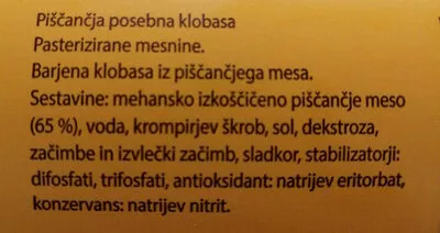 Lista de ingredientes del producto Piščančja posebna klobasa Žerak 1.152kg