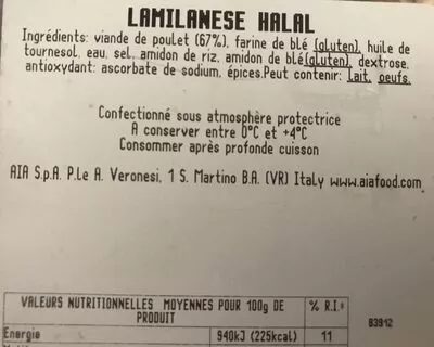 Lista de ingredientes del producto Lamilanese Halal Aia 