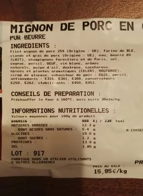 Lista de ingredientes del producto Mignon de porc en croute Secrets Du Val D'argent 