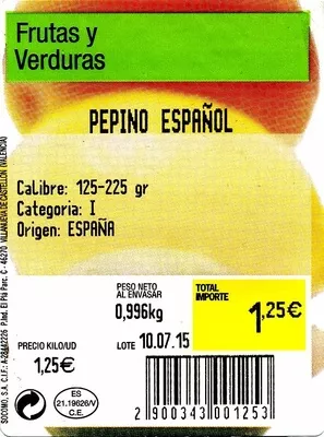 Lista de ingredientes del producto Pepinos tipo español Socomo 1 Kg