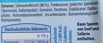 Lista de ingredientes del producto Bayerischer Leberkäse Schmälzle, Aldi,  Houdek 400g