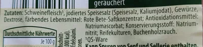 Lista de ingredientes del producto Herzhafte Edelsalami geräuchert Gut Drei Eichen 150g