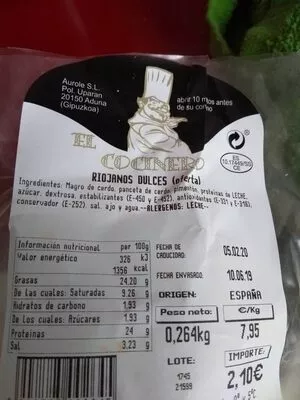 Lista de ingredientes del producto  el cocinero 