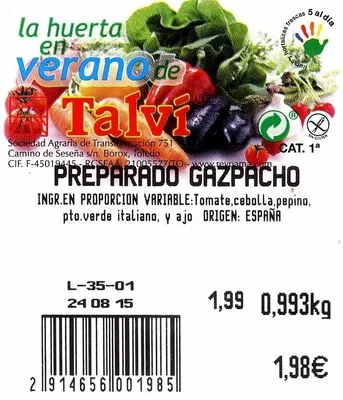 Lista de ingredientes del producto Preparado para gazpacho Talví 1 Kg (aprox)