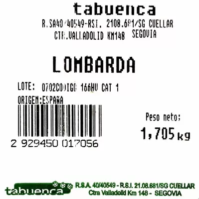 Lista de ingredientes del producto Lombarda Tabuenca 1 pieza, 1,705 Kg