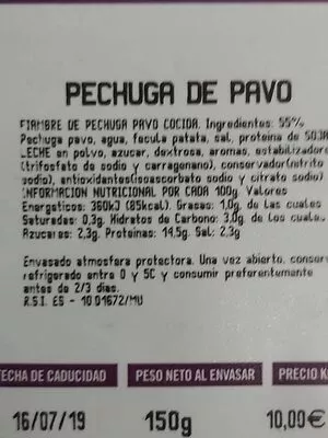 Lista de ingredientes del producto Pechuga pavo Carrefour 