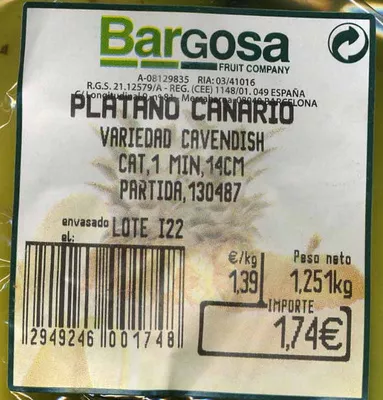 Lista de ingredientes del producto Plátanos de Canarias Bargosa 1,250 Kg