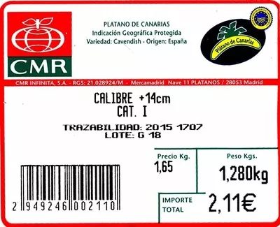 Lista de ingredientes del producto Plátano de Canarias CMR 1,280 Kg