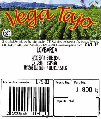 Lista de ingredientes del producto Lombarda Vega Tajo 1.800 g