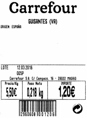 Lista de ingredientes del producto Guisantes frescos en vaina Carrefour 218 g