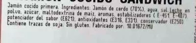 Lista de ingredientes del producto Jamón cocido Sandwich Elpozo 135 g