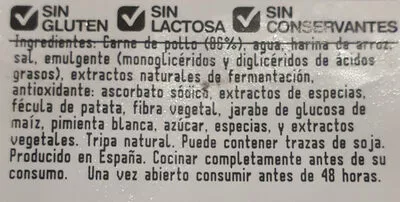 Lista de ingredientes del producto Salchicha fresca de pollo Carrefour 400 g