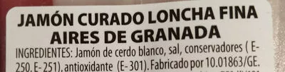 Lista de ingredientes del producto Jamon curado Aires de granada 120