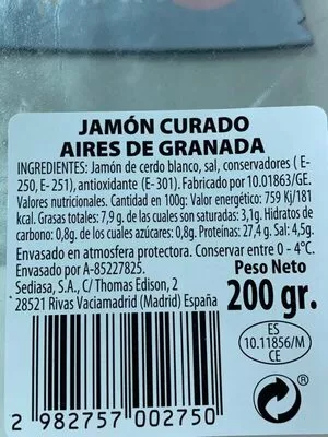 Lista de ingredientes del producto Jamon curado loncheado aires de granada 