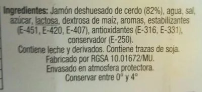 Lista de ingredientes del producto Jamón cocido extra Ricura 300 g