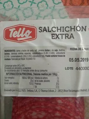 Lista de ingredientes del producto Salchichón Extra tello 2 x 120 g