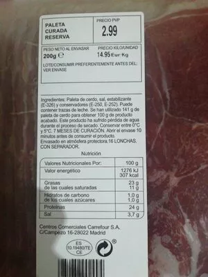 Lista de ingredientes del producto Paleta curada reserva Carrefour 200 g