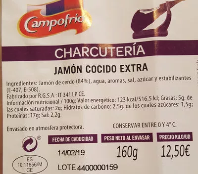 Lista de ingredientes del producto Jamón Cocido Extra Al Corte Campofrio 160g