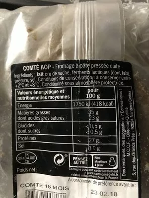 Lista de ingredientes del producto Comte La Maison Du Fromage 