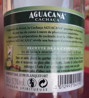 Lista de ingredientes del producto Cachaça Aguacana, 37,5°, Aguacana 70 cl