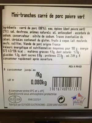 Lista de ingredientes del producto Carre de porc Guyader 80 g