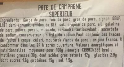 Lista de ingredientes del producto Pate De Campagne Casino 