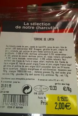 Lista de ingredientes del producto Terrine de Lapin Auchan 150 g