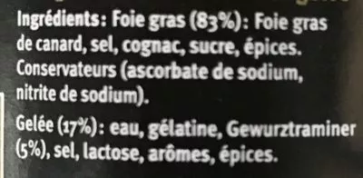 Lista de ingredientes del producto Foie Gras de Canard entier en gelée Feyel 180 g