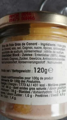 Lista de ingredientes del producto Bloc de foie gras de canard Édouard 120g