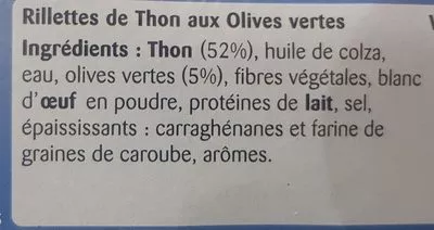 Lista de ingredientes del producto Rillettes de thon aux olives vertes Petit Navire 