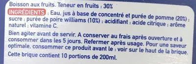 Lista de ingredientes del producto Pomme Poire Williams Réa 2 l