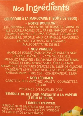 Lista de ingredientes del producto Zapetti couscous à la Marocaine Zapetti 700 g