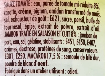 Lista de ingredientes del producto Macaroni au Jambon sauce tomate cuisinée Zapetti 800 g